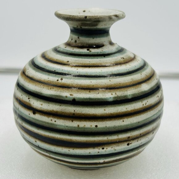 OMC Other - Otagiri OMC Japan Miniature 4" Bud Vase Blue Brown Striped Gold Sticker Vintage